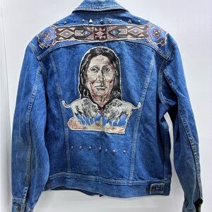 Vintage Lee Blue Denim Jean Jacket with Native Portrait & Buffalo Patchwork